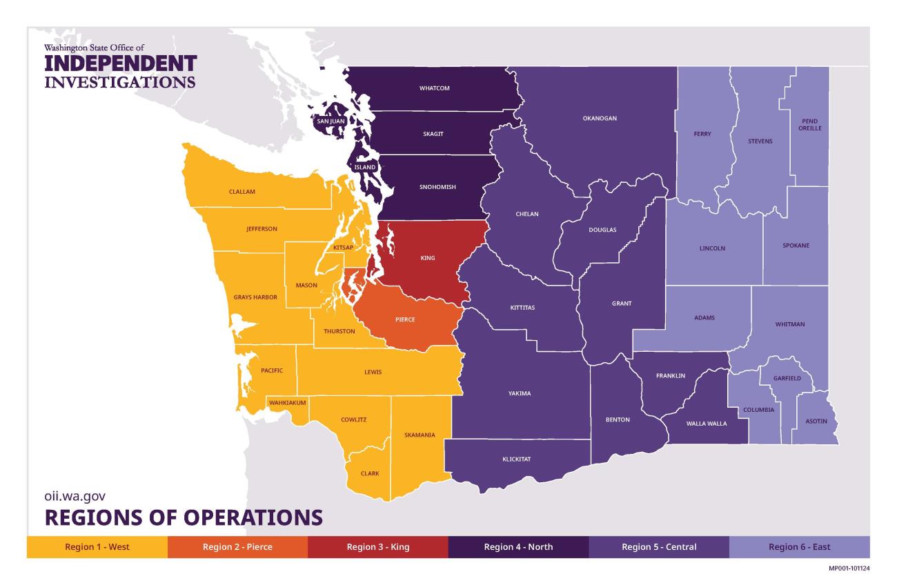 Washington map with six areas marked as OII regions of operations.